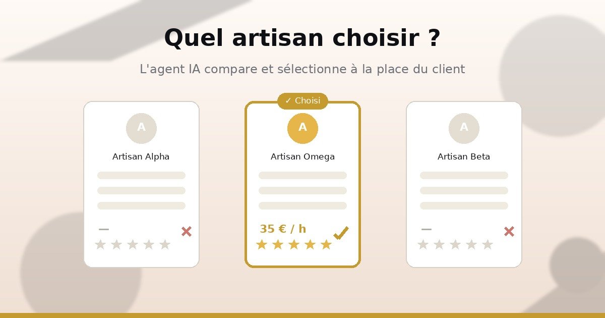 Assistant IA comparant des entreprises locales sur un écran, artisan au travail en arrière-plan