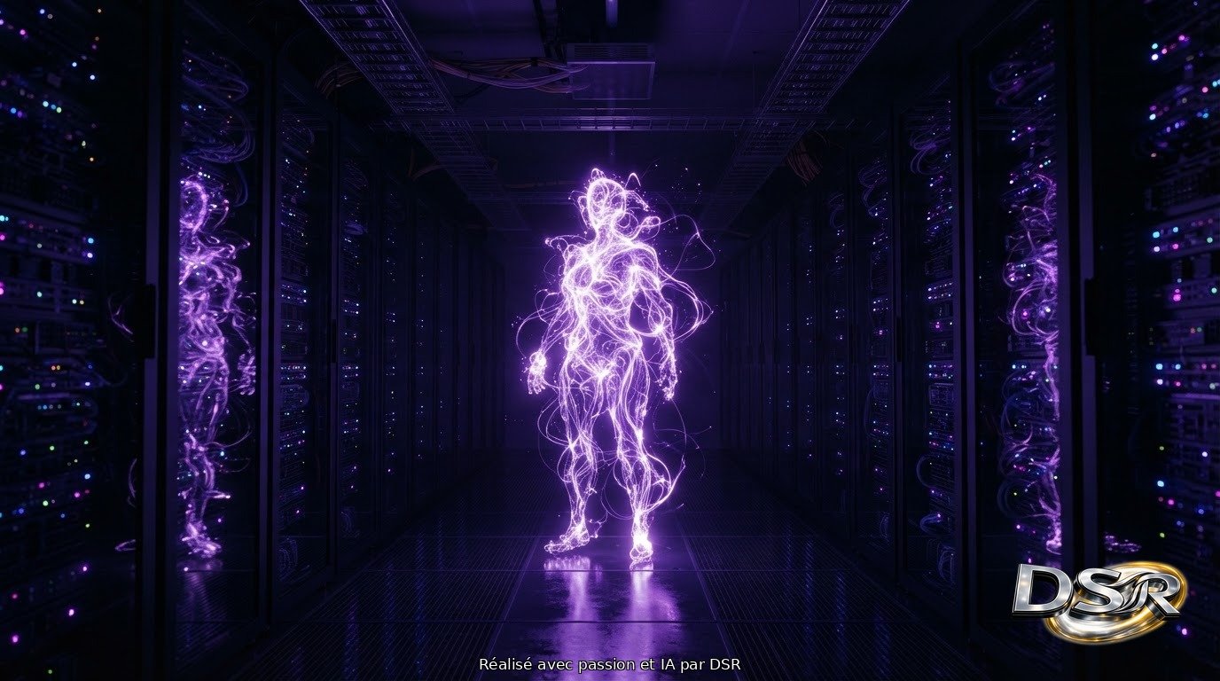 Silhouette d'énergie lumineuse violette dans un couloir de serveurs, ambiance cybersécurité