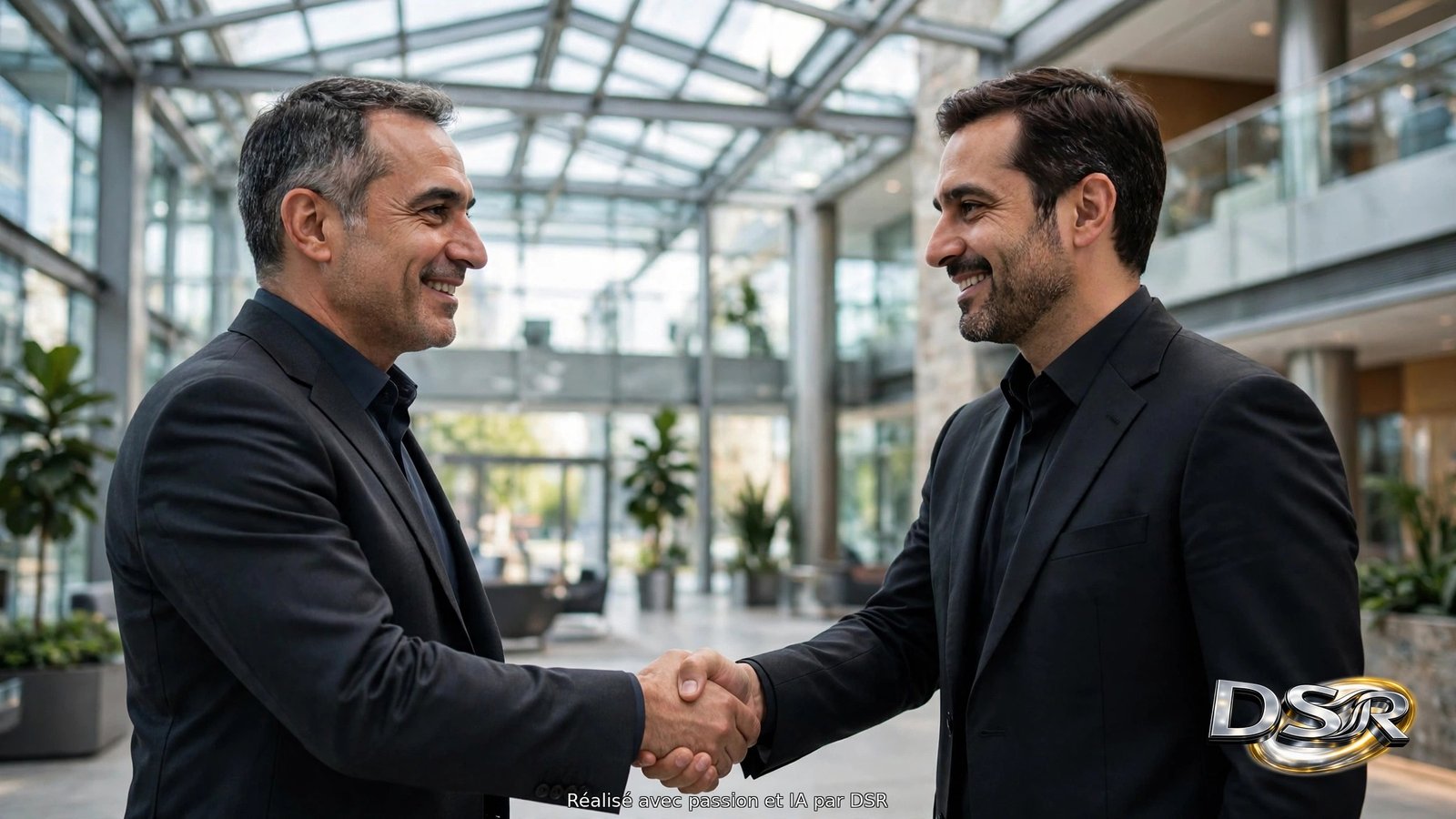 Une poignée de main entre deux dirigeants dans le hall lumineux d'une grande entreprise