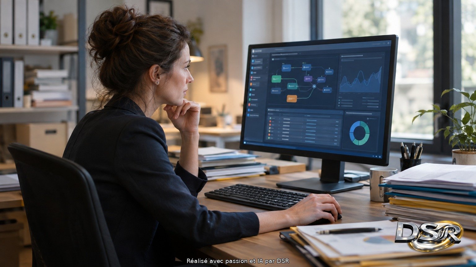 Dirigeante d'une petite entreprise devant son ordinateur au bureau, dossiers empilés, écran affichant une interface technique
