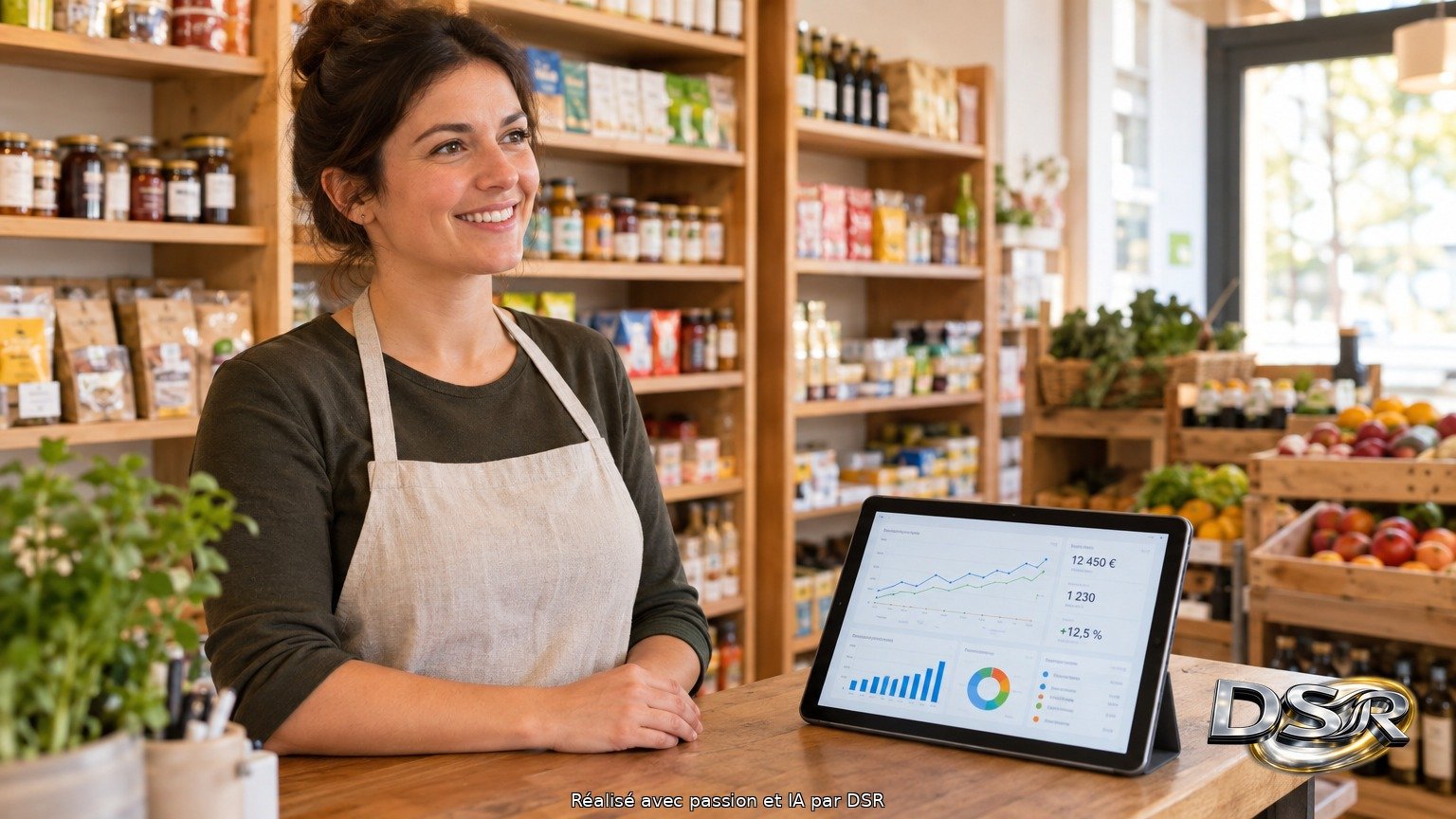 Une commerçante derrière le comptoir de sa boutique, une tablette affichant un tableau de bord avec courbes et chiffres