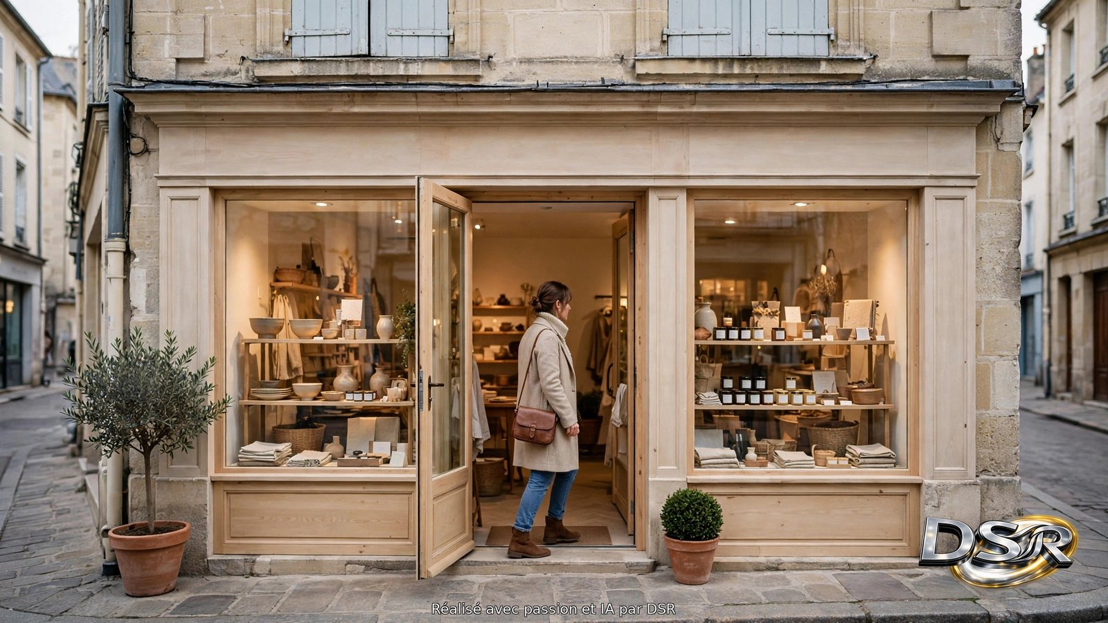 Devanture d'une petite boutique de centre ancien, vitrine en bois clair garnie, cliente sur le seuil, rue pavée