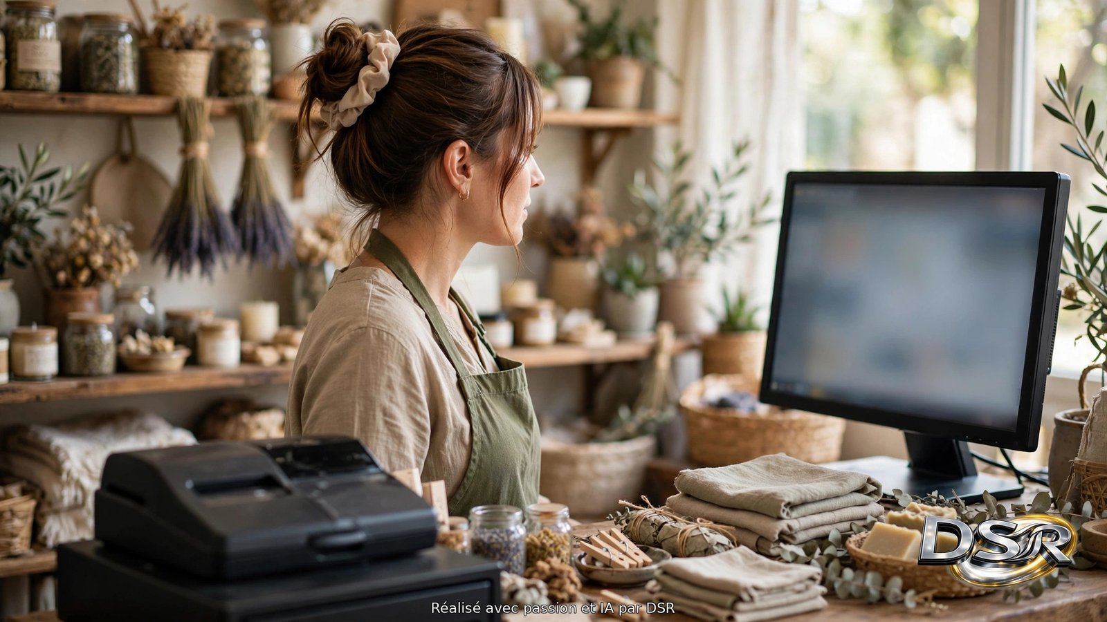 Gérante d'une boutique devant l'écran d'un ordinateur posé sur son comptoir, produits et caisse au premier plan, lumière naturelle