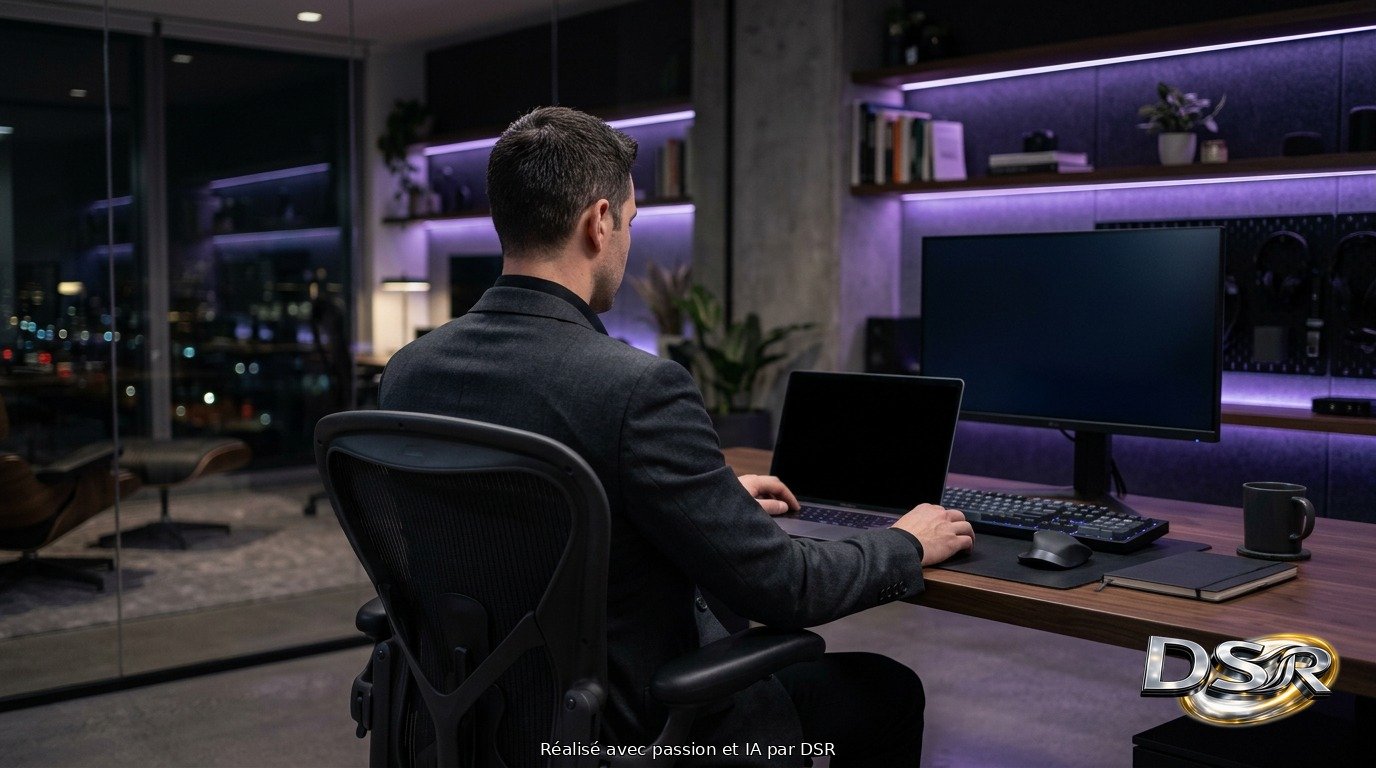 Un homme en costume vu de dos devant son ordinateur dans un bureau high-tech baigné de lumière violette, ville illuminée en arrière-plan