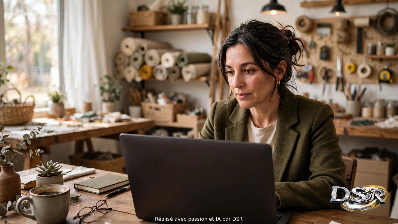 Dirigeante d'une petite entreprise travaillant devant son ordinateur portable, bureau en bois et atelier lumineux en arrière-plan