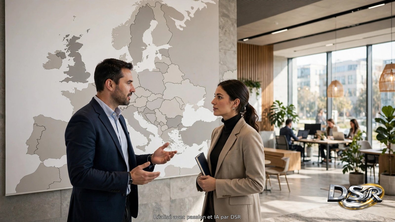 Échange entre deux professionnels dans le hall d'une entreprise moderne, devant une grande carte d'Europe affichée au mur