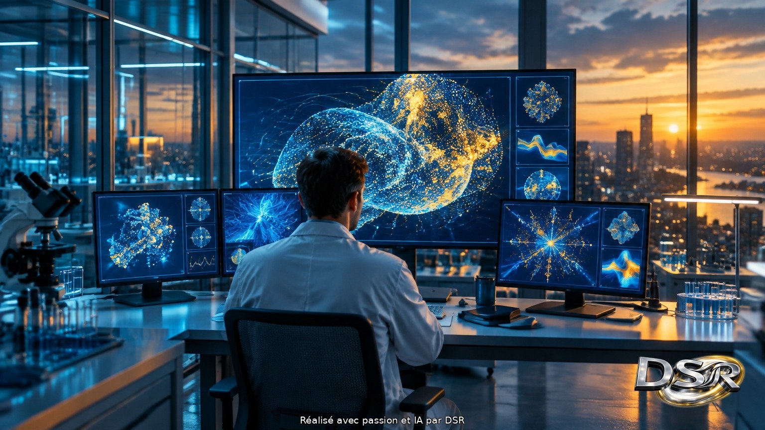 Scientifique vu de dos devant un grand écran dans un laboratoire vitré au crépuscule, visualisations de données