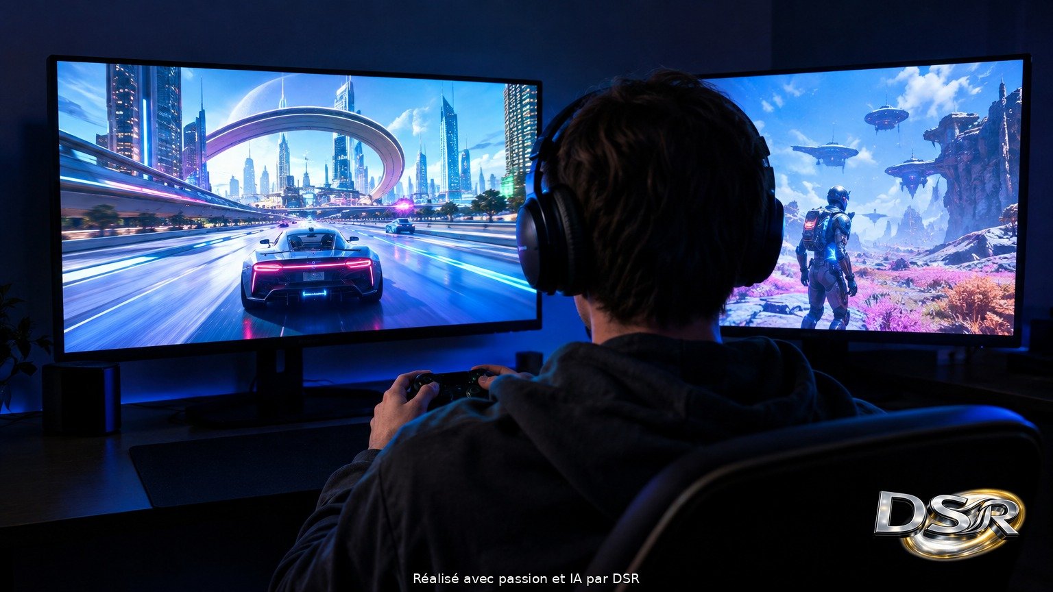 Un joueur de dos, manette en main, devant deux grands écrans affichant des scènes de jeux vidéo colorées