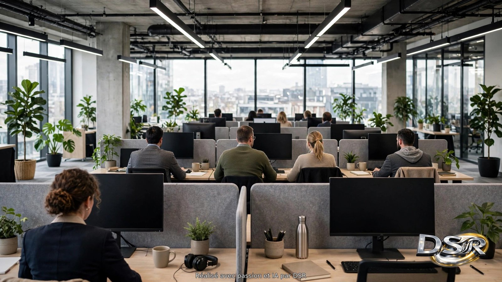 Un open space d'entreprise avec plusieurs professionnels travaillant sur leurs ordinateurs