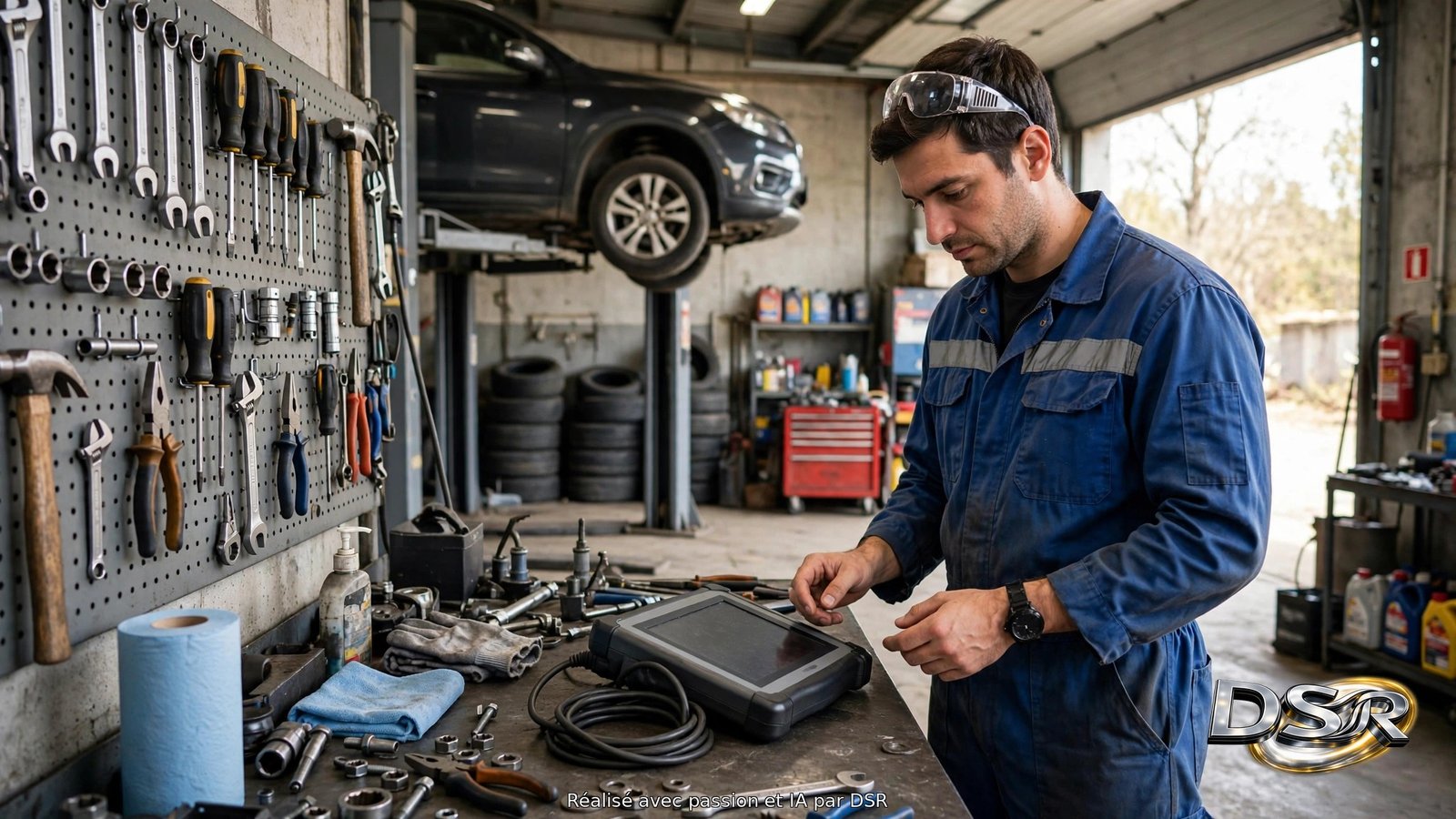 Mécanicien d'un garage automobile consultant un ordinateur de diagnostic posé sur son établi, outillage rangé au mur