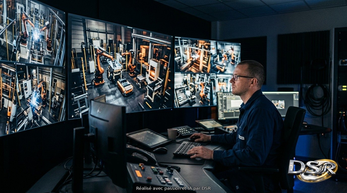 Un technicien surveille des écrans d'automatisation industrielle, la menace des hackers et de l'IA