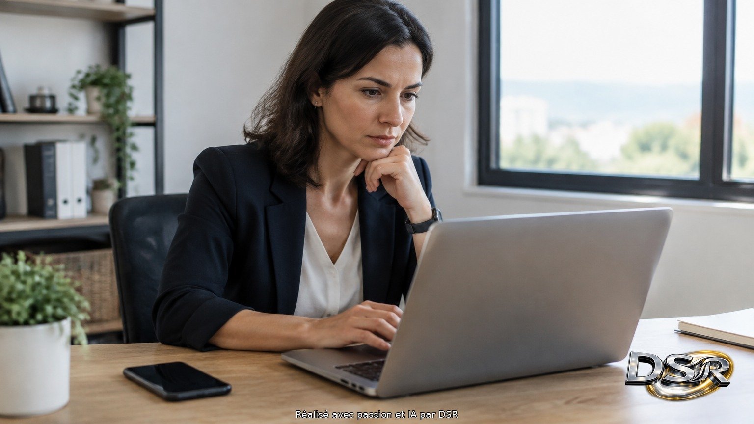 Une dirigeante concentrée devant son ordinateur portable, smartphone posé sur le bureau, près d'une grande fenêtre lumineuse