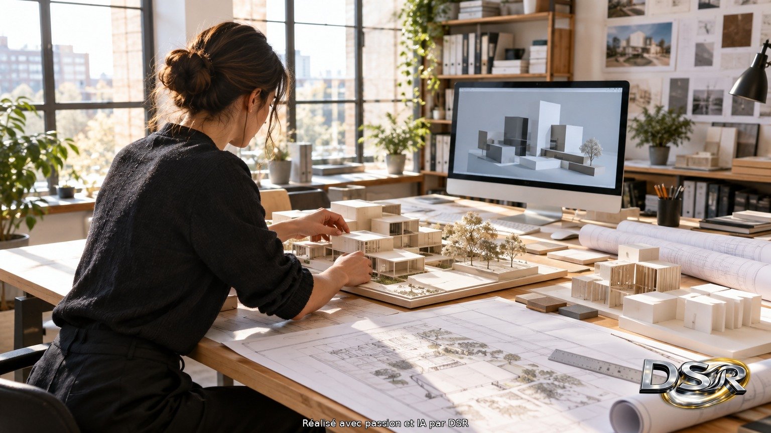 Architecte penchée sur des maquettes et des plans dans une agence lumineuse