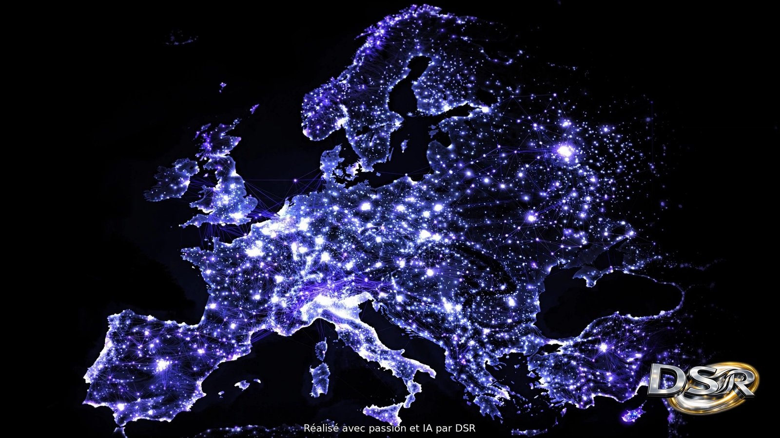 Carte de l'Europe vue de nuit, illuminée par un réseau de points lumineux bleus et blancs, symbole d'une IA européenne connectée