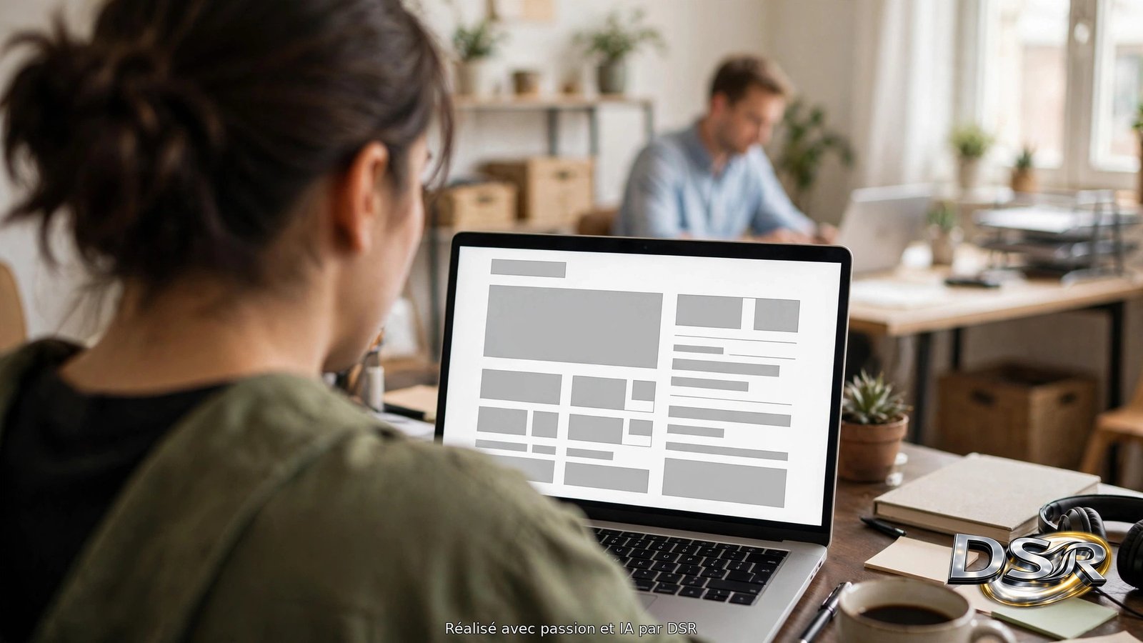 Navigateur ouvert sur un ordinateur portable dans un bureau clair, symbole d'un assistant de navigation intégré