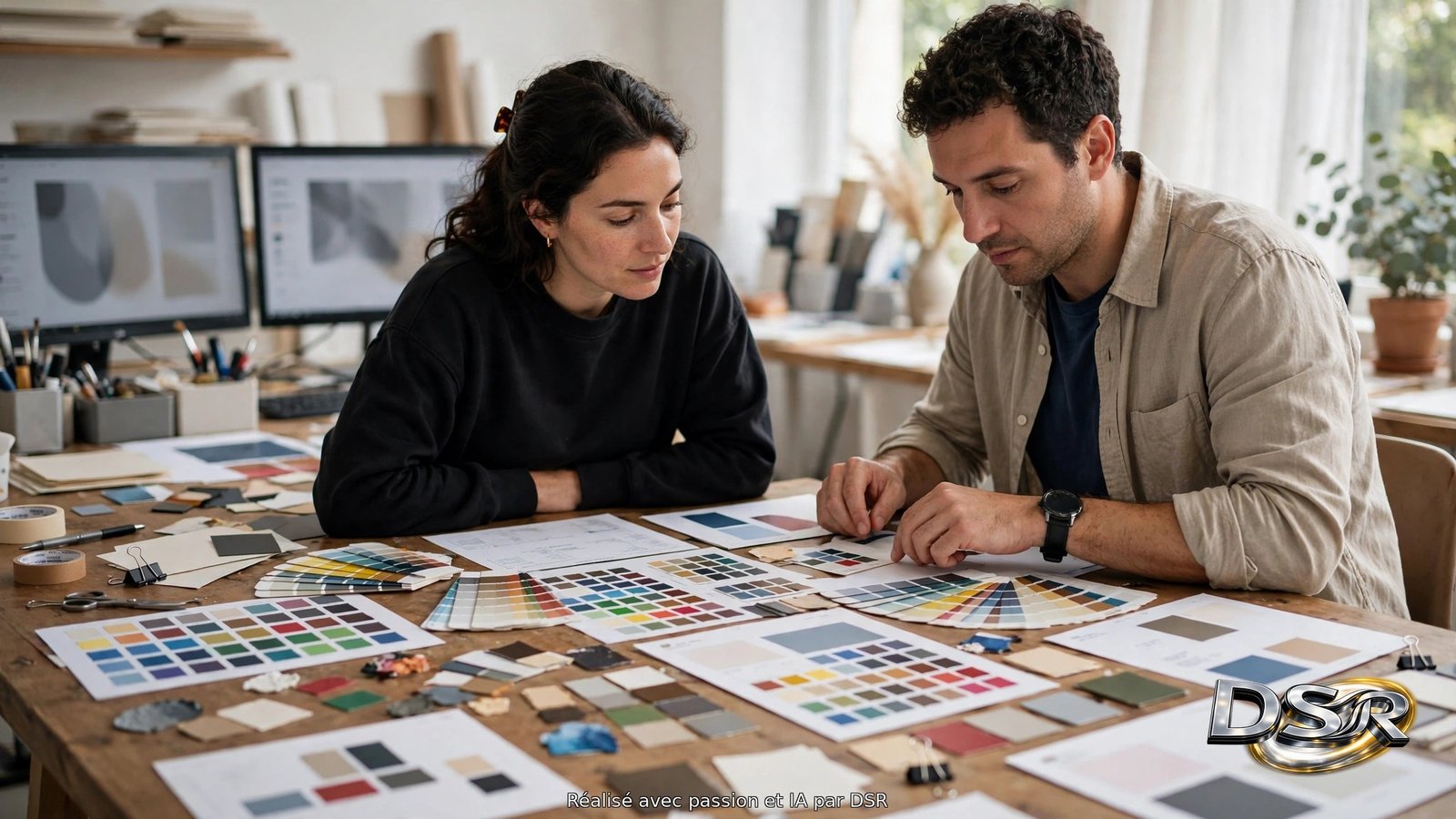 Équipe dans un studio de création publicitaire, planches d'épreuves imprimées et écrans de maquettes sur une grande table