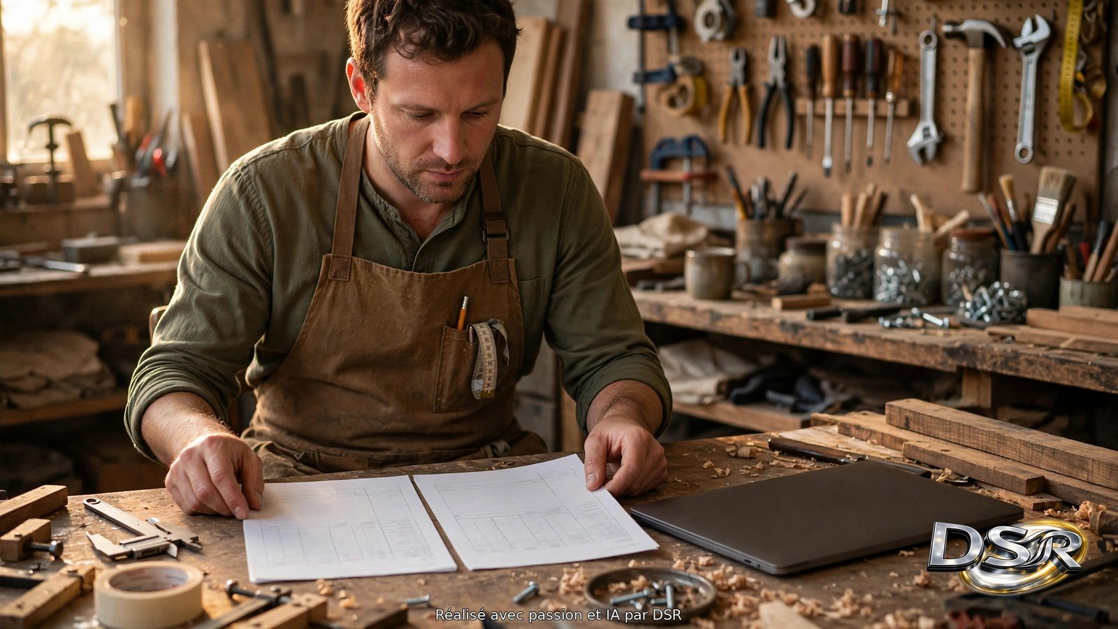 Un artisan compare deux relevés de coûts posés sur son établi, ordinateur portable vu de dos, lumière chaude de fin de journée