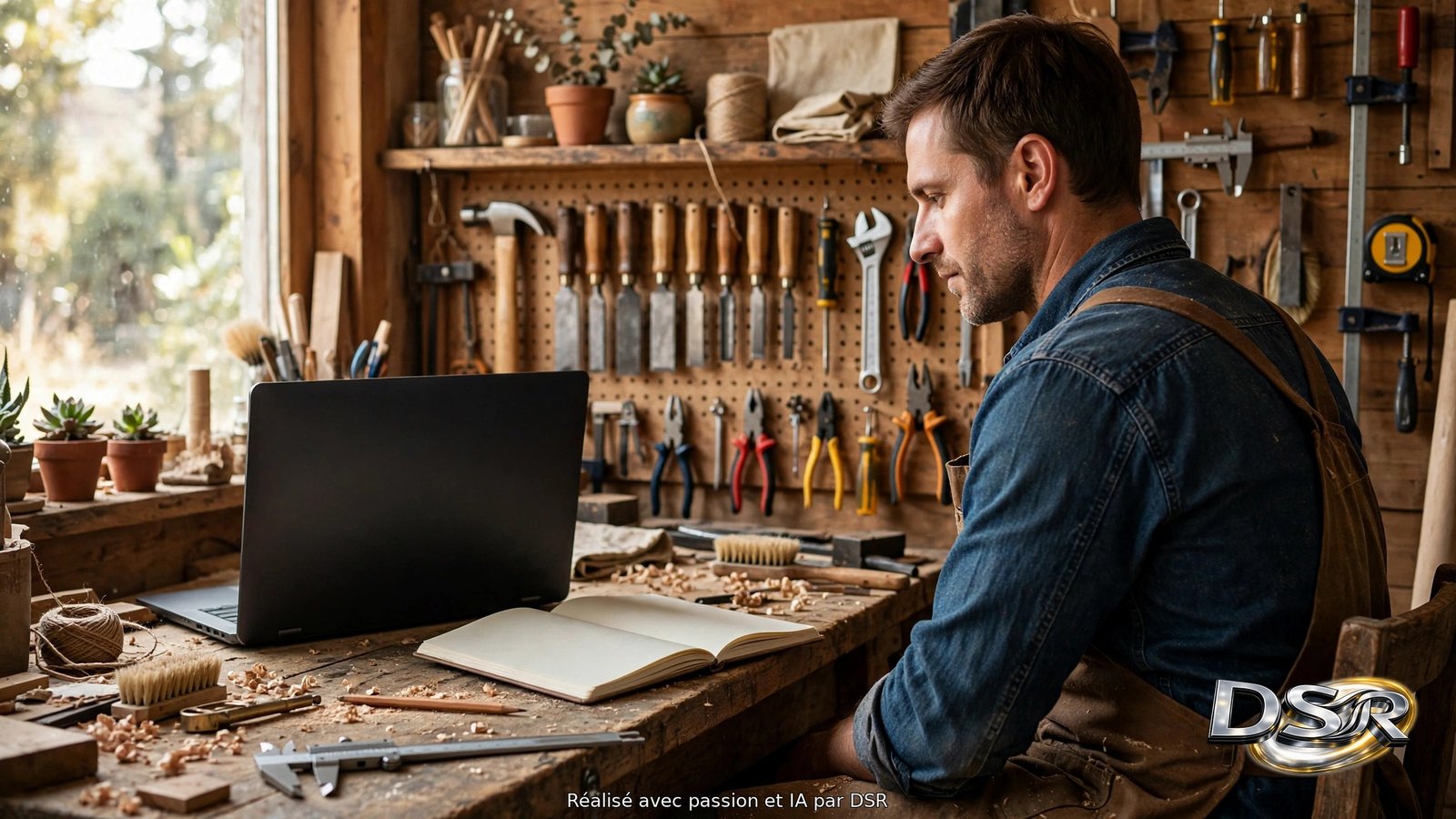 Un artisan dans son atelier devant son ordinateur portable, carnet ouvert près du clavier, outils rangés au mur