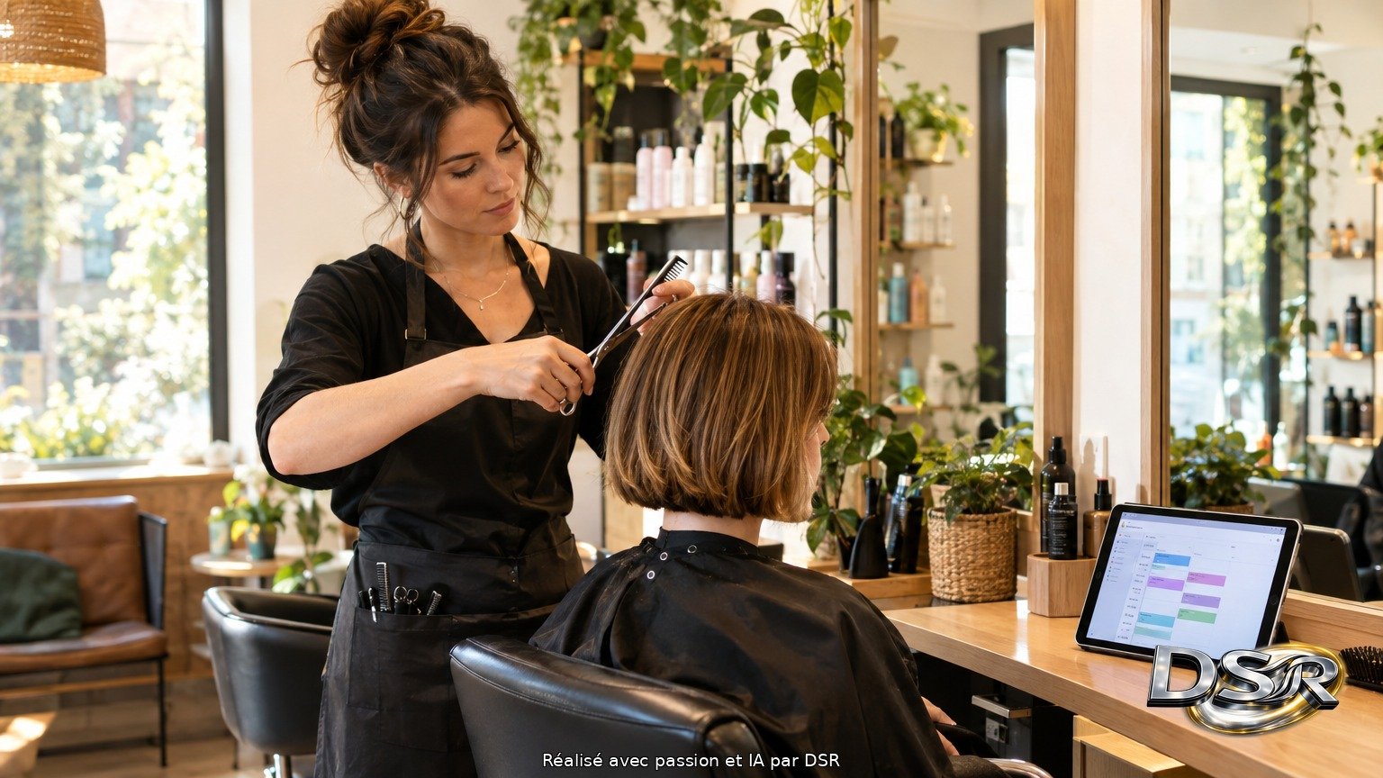 Une coiffeuse au travail dans son salon, tablette posée sur le comptoir affichant son agenda de rendez-vous