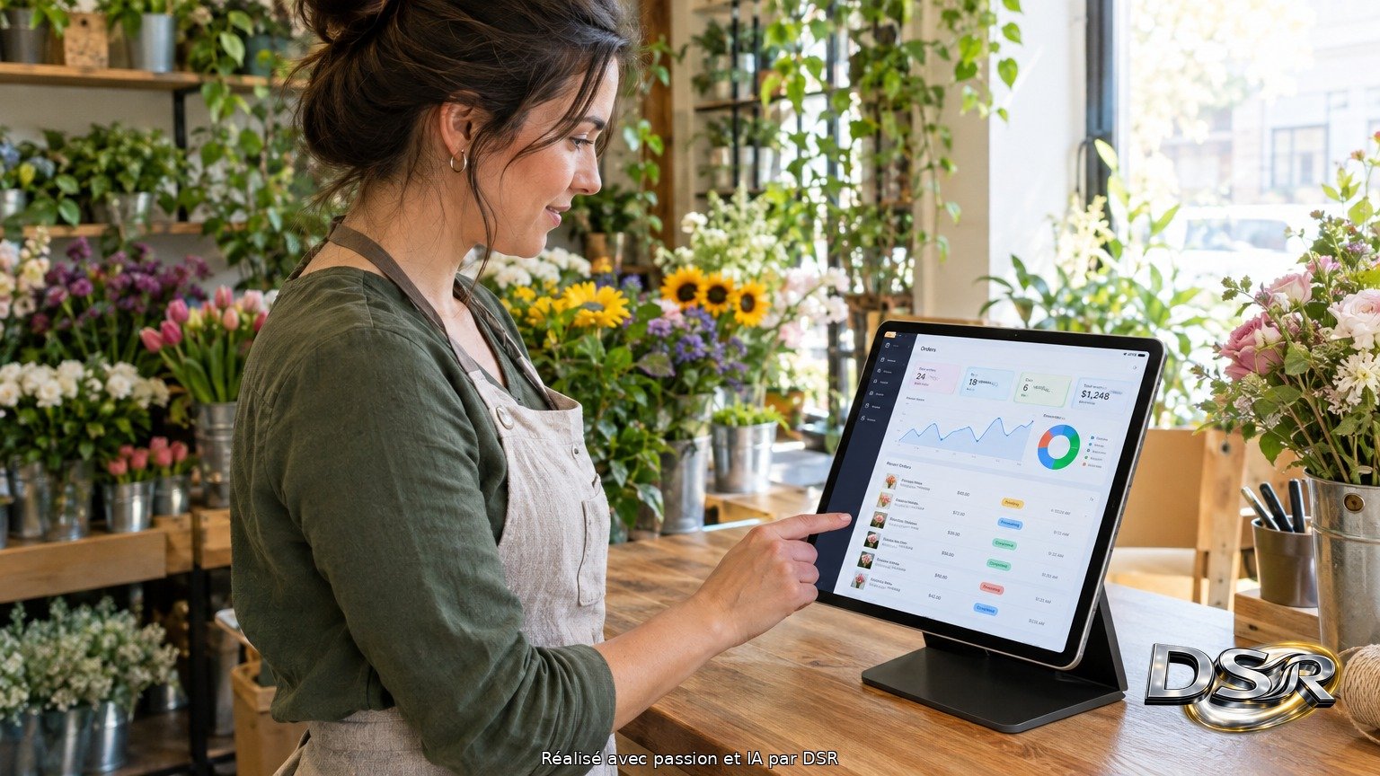 Fleuriste derrière le comptoir de sa boutique consultant le tableau de bord des commandes sur une tablette inclinée, écran net