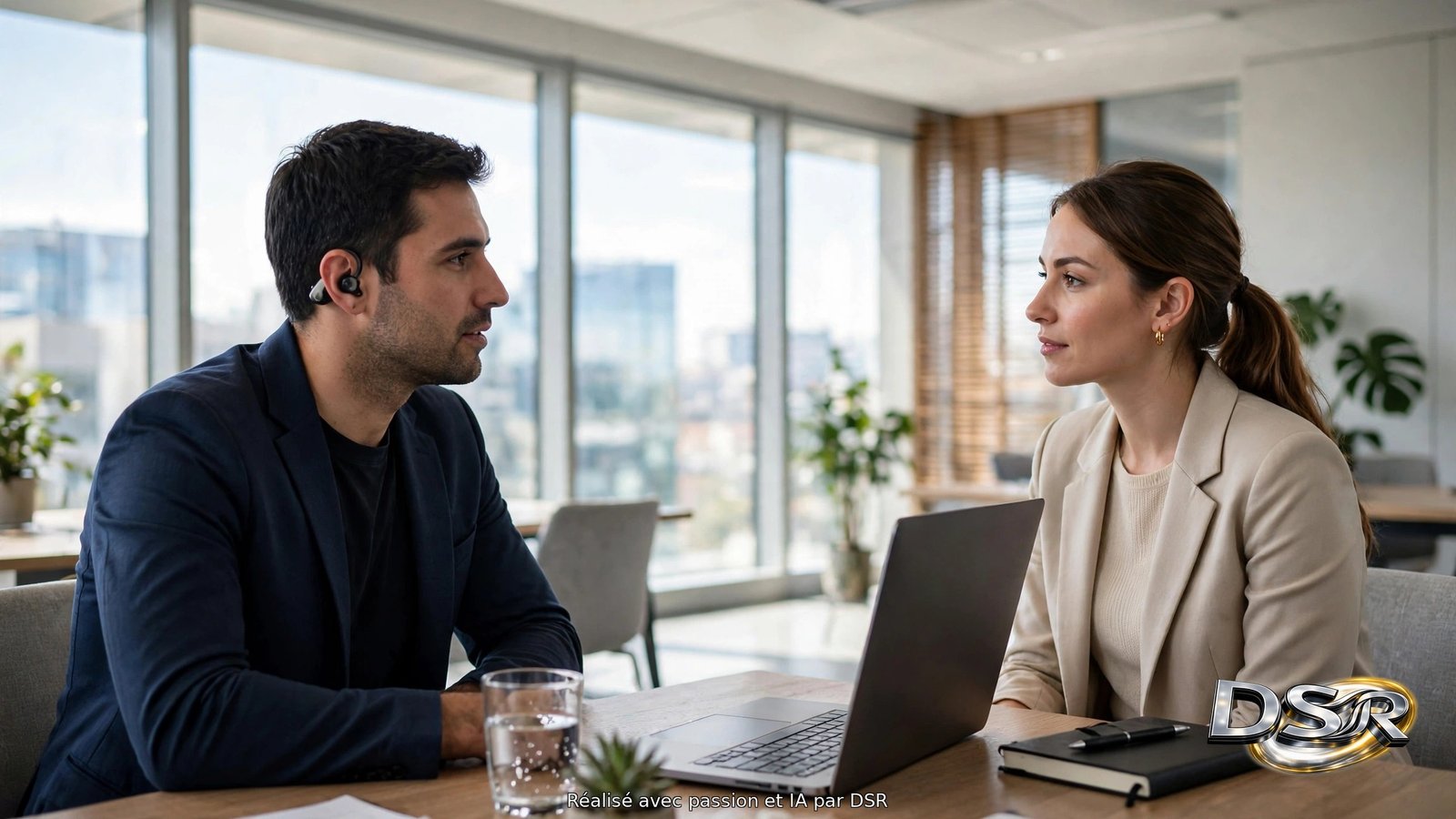 Deux personnes en rendez-vous dans un bureau, face à face, ordinateurs portables vus de profil, oreillette discrète, lumière naturelle
