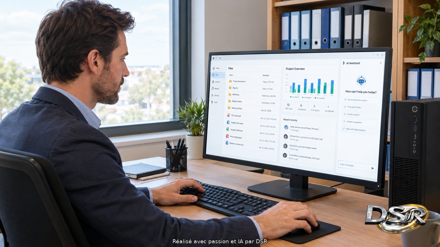 Employé devant son ordinateur de bureau, écran net affichant un assistant IA, tour PC vue de face sur le plan de travail
