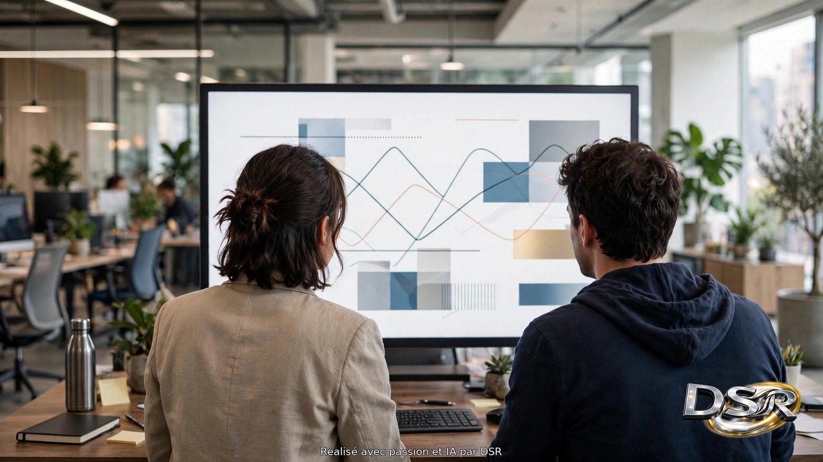 Deux collègues vus de dos devant un grand écran de bureau affichant des graphiques de suivi client illisibles