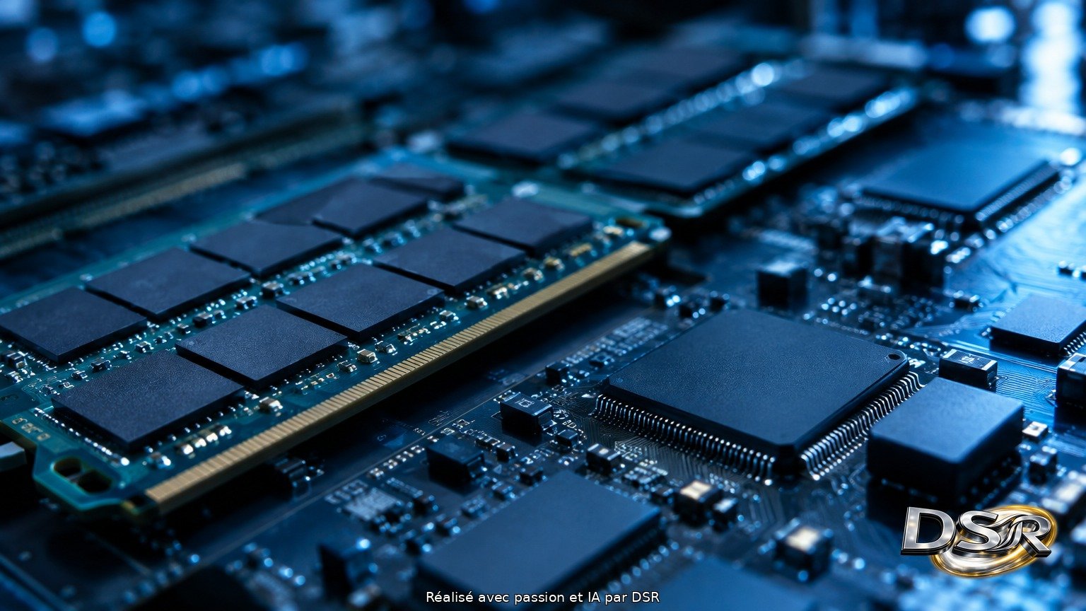 Macro de modules de mémoire et de puces électroniques alignés sur une carte mère, éclairage bleuté