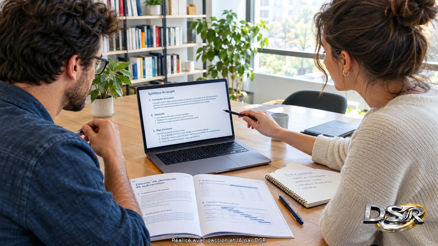 Petite équipe travaillant autour d'une table dans un bureau lumineux, écran affichant une synthèse de projet