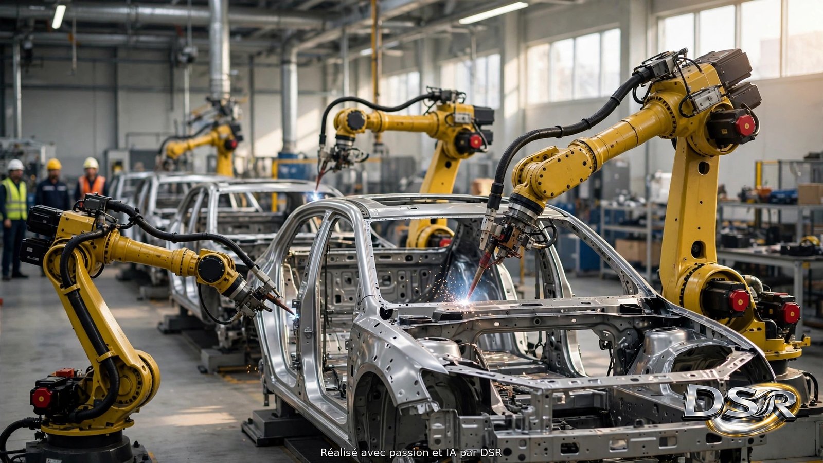 Ligne d'assemblage automobile avec plusieurs bras robotisés et des ouvriers en retrait