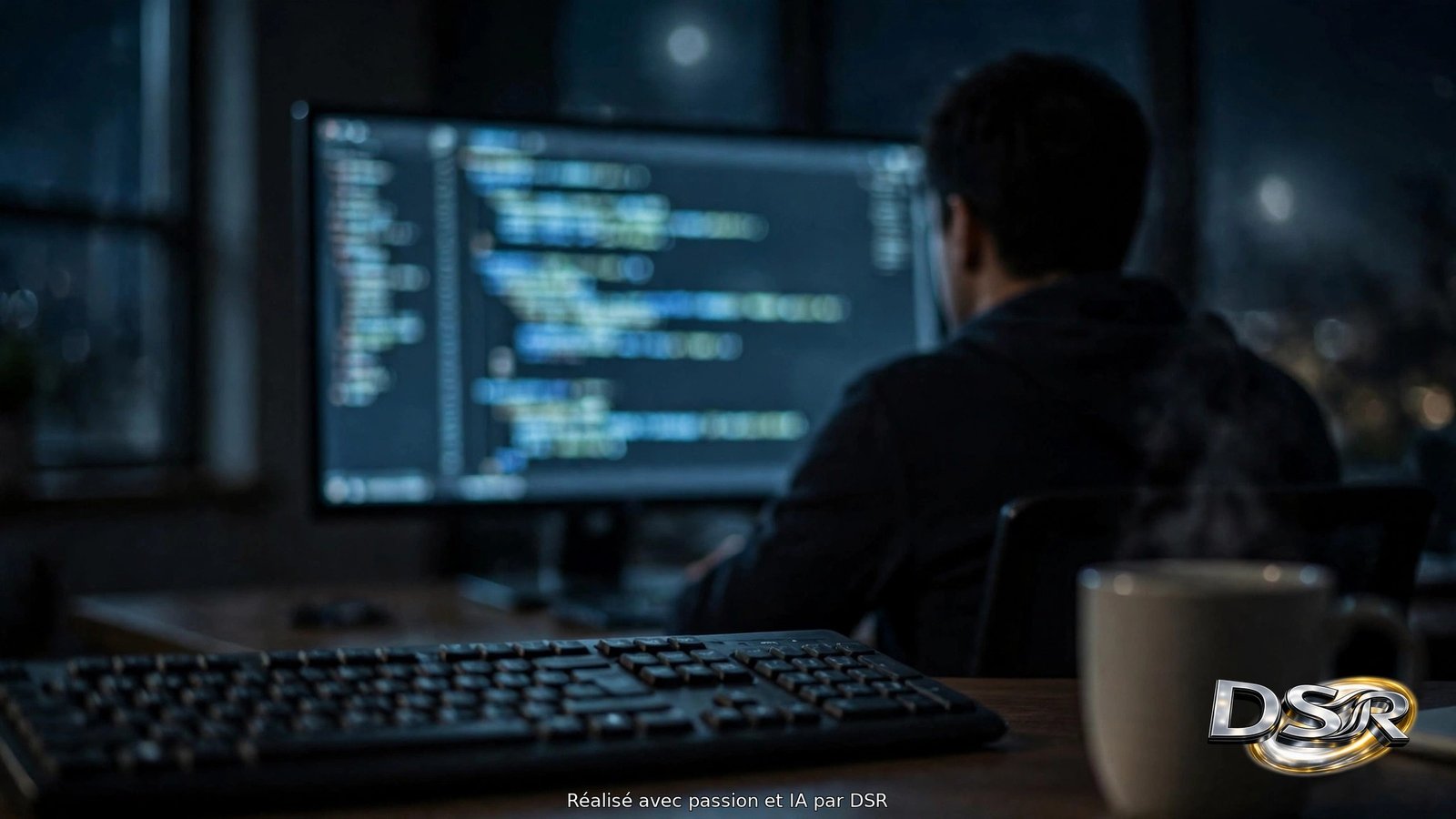 Bureau de nuit, silhouette d'un analyste devant un écran net aux lignes de code illisibles